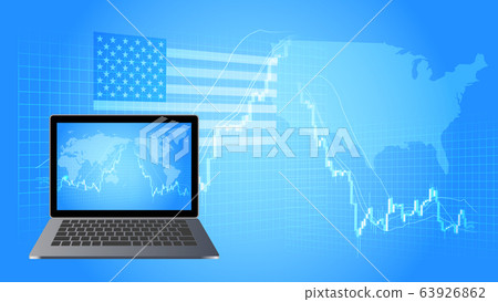American soaring plunge stock chart and laptop blue background image 63926862
