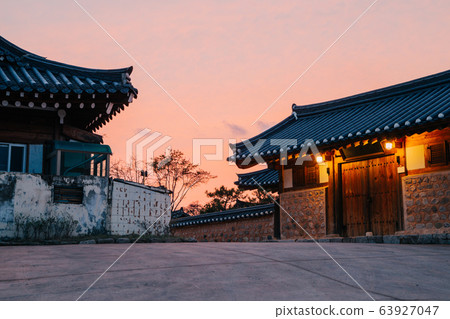 Gyeongju Gyochon Hanok Village, Korean traditional house and sunset view 63927047