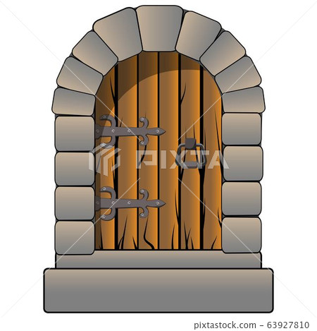 Castle door medieval vector cartoon style isolated on white. Clip art vintage antique door hinges and solid stones Castle door medieval vector cartoon style isolated on white. Clip art vintage antique door hinges and solid stones 63927810
