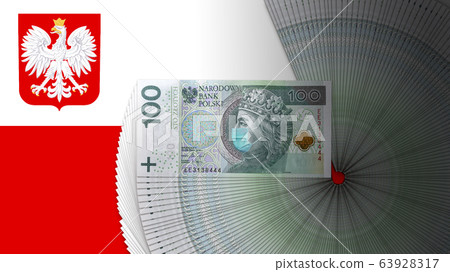 National Emblem of the Republic of Poland on Polish white-red flag and 100 zlotych with corona virus protection mask on Wladyslaw Jagielo face. Polish government reprinting banknotes to stop recession National Emblem of the Republic of Poland on Polish white-red flag and 100 zlotych with corona virus protection mask on Wladyslaw Jagielo face. Polish government reprinting banknotes to stop recession 63928317