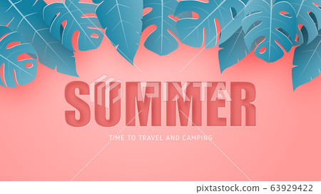 Summer banner or poster with tropical leaves on 63929422