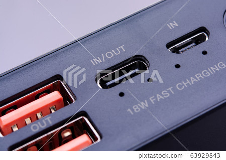USB, USB Type-C and Micro-USB port on power bank USB, USB Type-C and Micro-USB port on power bank 63929843