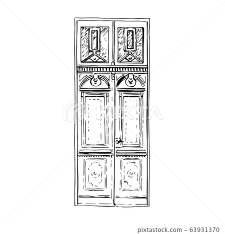 A weathered vintage high wooden double door 63931370