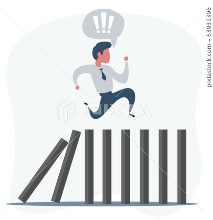 Businessman runs away on dominoes that fall. Domino effect and business crisis concept. 63931396