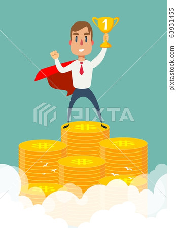 Businessman dressed with superhero cloak is standing on the pile of the coins. 63931455