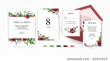 Wedding invite, invitation, save the date, rsvp stationery set. Vector floral design template. Watercolor Red garden Ranunculus flowers, seeded burgundy & silver sage eucalyptus branches & cute leaves Wedding invite, invitation, save the date, rsvp stationery set. Vector floral design template. Watercolor Red garden Ranunculus flowers, seeded burgundy & silver sage eucalyptus branches & cute leaves 63933024