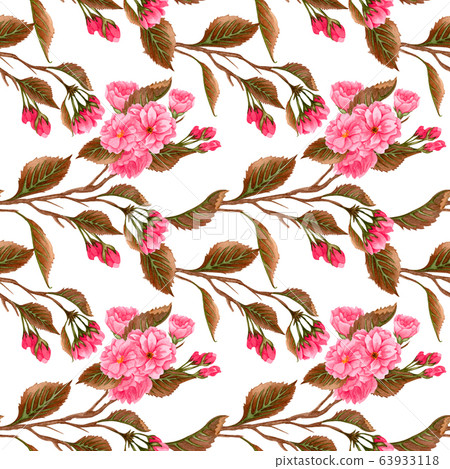 Watercolor cherry blossom, pink flowers and brown 63933118