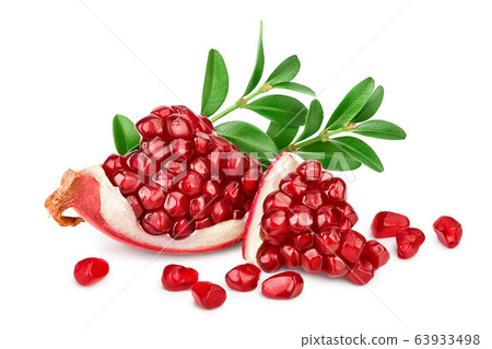 Pomegranate piece with leaf isolated on white background with clipping path and full depth of field. 63933498