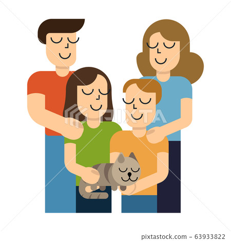 Happy young family. Dad, mom, son, daughter and cat together. Vector illustration in simple cartoon style. 63933822