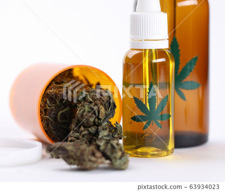 Closeup on table hemp oil and dried cannabis herb Closeup on table hemp oil and dried cannabis herb 63934023