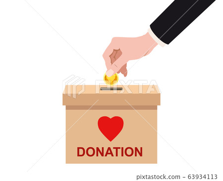 Hand insert golden coin into donate box with text banner donation charity concept. Vector illustration isolated Hand insert golden coin into donate box with text banner donation charity concept. Vector illustration isolated 63934113