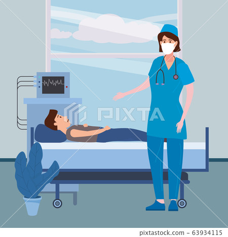 Doctor in antiviral face mask and patient taking care of patient health in hospital room. Consultation and diagnosis medical tests virus check. Vector illustration isolated Doctor in antiviral face mask and patient taking care of patient health in hospital room. Consultation and diagnosis medical tests virus check. Vector illustration isolated 63934115
