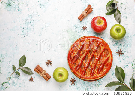 Homemade apple pie on light background,top view Homemade apple pie on light background,top view 63935836