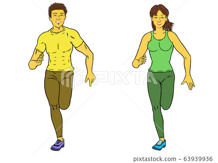 Two sets of fitness instructor men and women running Two sets of fitness instructor men and women running 63939936