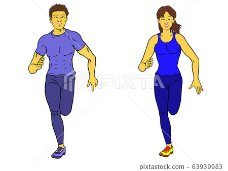 Two sets of fitness instructor men and women running Two sets of fitness instructor men and women running 63939983
