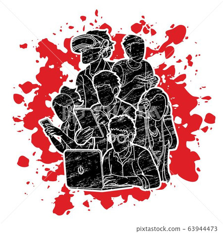 Group of People using digital devices cartoon graphic vector 63944473