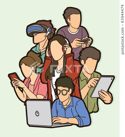 Group of People using digital devices cartoon graphic vector 63944474