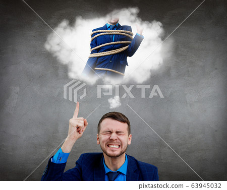 Angry businessman point finger on himself tide with a rope. Angry businessman point finger on himself tide with a rope. 63945032