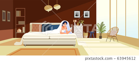 Young woman chatting with her phone on the sofa. I stay at home social media campaign for coronavirus prevention in the bedroom during coronavirus crisis. Stay at home. Cartoon vector illustration 63945612