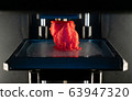 3d printer prints the model of heart, process of printing organs on a 3d printer, creating a model of the human heart. 63947320
