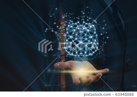 Double exposure of Businessman hand holding Polygonal brain shape with Incandescent lamp of an artificial intelligence over building light show background, AI and business IOT concept Double exposure of Businessman hand holding Polygonal brain shape with Incandescent lamp of an artificial intelligence over building light show background, AI and business IOT concept 63948088