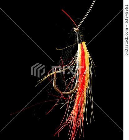 Feathers on the hook for fishing on a black 63948961