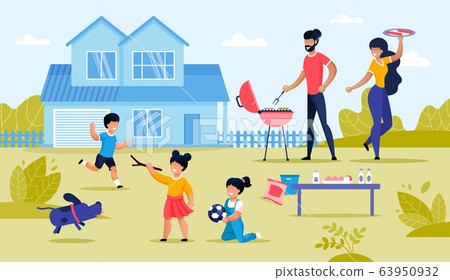 Happy Family and Kid Having BBQ at Home Backyard Happy Family and Kid Having BBQ at Home Backyard 63950932
