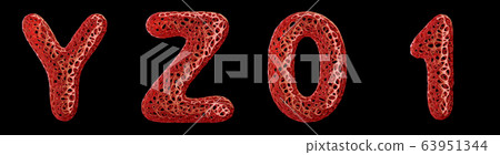 Realistic 3D letters set Y, Z, 0, 1 made of red plastic. 63951344