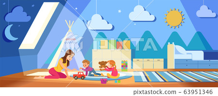 Children's creativity. Mother And Children Playing With toys in the cozy playroom during coronavirus crisis. Concept motherhood child-rearing. Stay at home vector cartoon illustration Children's creativity. Mother And Children Playing With toys in the cozy playroom during coronavirus crisis. Concept motherhood child-rearing. Stay at home vector cartoon illustration 63951346
