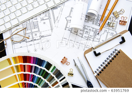 Architect workplace top view Architect workplace top view 63951769