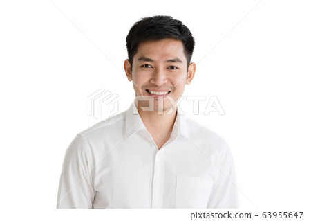 Young Asian man in jean dress isolated white Young Asian man in jean dress isolated white 63955647