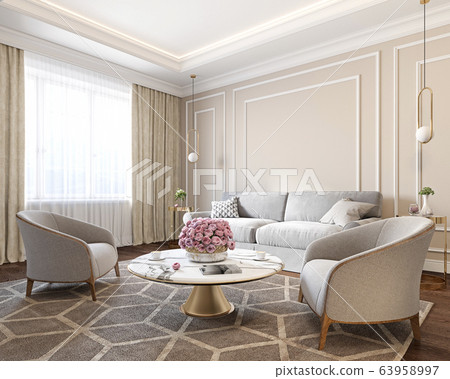 Classic beige interior with sofa, armchairs, coffee table, carpet, curtain, flowers and wall moldings. 63958997