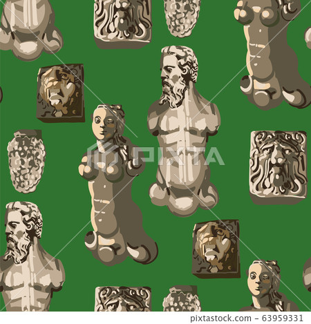Seamless pattern of ancient statues of a muscular man with a beard, beautiful woman and growling lions heads 63959331