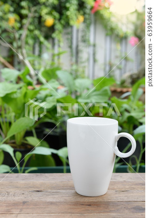 White coffee cup on wood plank in vegetable farm White coffee cup on wood plank in vegetable farm 63959664