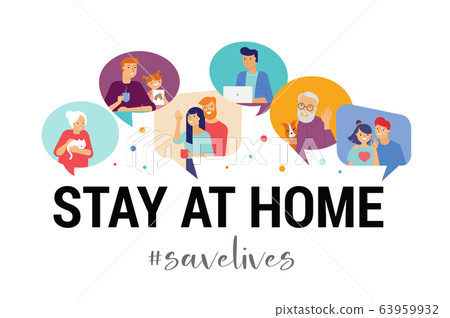 Stay at home, concept design. Different types of people, family, neighbors in their own houses. Self Stay at home, concept design. Different types of people, family, neighbors in their own houses. Self 63959932