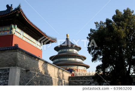 Temple of Heaven in Beijing, China (Tian Tan in Beijing, China). Tiantan literally means Altar of Heaven. This temple is the Hall of Prayer for Good Harvests. Temple of Heaven, Beijing tourist sight. 63963200