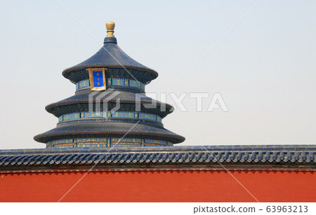 Temple of Heaven in Beijing, China (Tian Tan in Beijing, China). Tiantan literally means Altar of Heaven. This temple is the Hall of Prayer for Good Harvests. Temple of Heaven, Beijing tourist sight. 63963213