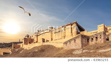 Amber Fort panorama, India, Jaipur, sunset view Amber Fort panorama, India, Jaipur, sunset view 63963255