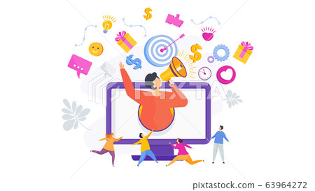 Advertising business concept. Man with megaphone in computer screen. 63964272