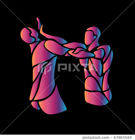 MMA fighters abstract neon silhouettes on black. Boxing icon 63965084