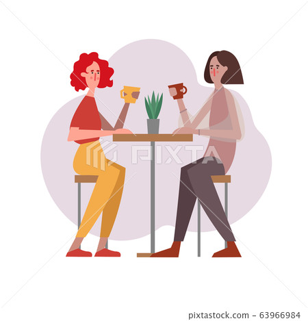 young women have coffee talking laughing or gossip during coffee break 63966984