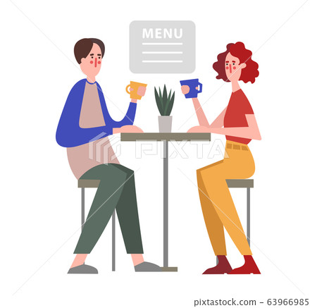 young man and woman having coffee in the cafe during coffee break or middle of date. Vector coffee shop customers. Concepr having great time as friends 63966985