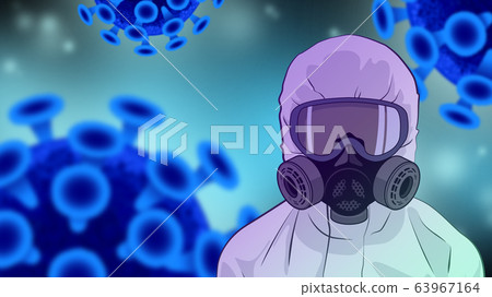 一個穿著防護服、防護面罩和護目鏡的人，以及冠狀病毒大流行的圖像背景說明 63967164