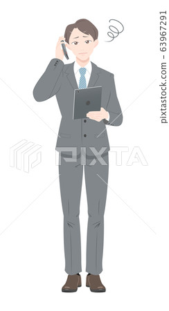 Phone trouble pose business suit tablet man whole body Phone trouble pose business suit tablet man whole body 63967291