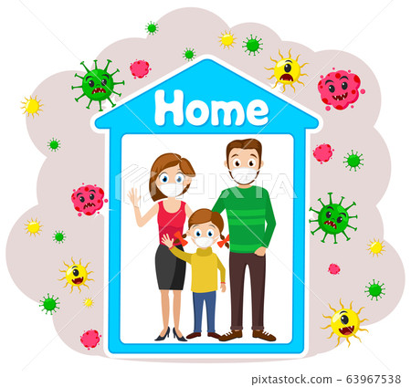 Family in protective medical masks quarantined at 63967538