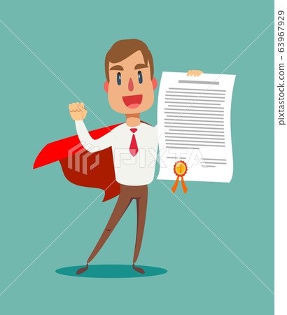 Successful, smiling, young, happy businessmen showing an award certificate. Successful, smiling, young, happy businessmen showing an award certificate. 63967929