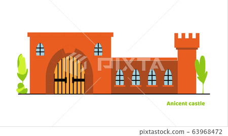 Flat vector large fairy tale castle. Medieval palace with high tower and large gate. Flat vector large fairy tale castle. Medieval palace with high tower and large gate. 63968472