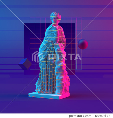 3d-illustration abstract composition of sculpture and primitive objects on violet background 3d-illustration abstract composition of sculpture and primitive objects on violet background 63969172