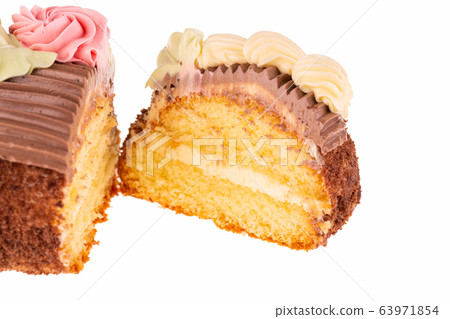 A piece of Poleno cake with oil cream on a white background 63971854