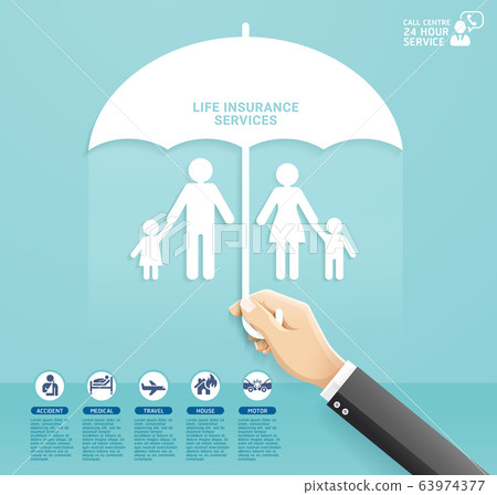 Insurance policy services conceptual design. Hand holding umbrella to protect family paper cut style. Vector Illustrations. 63974377